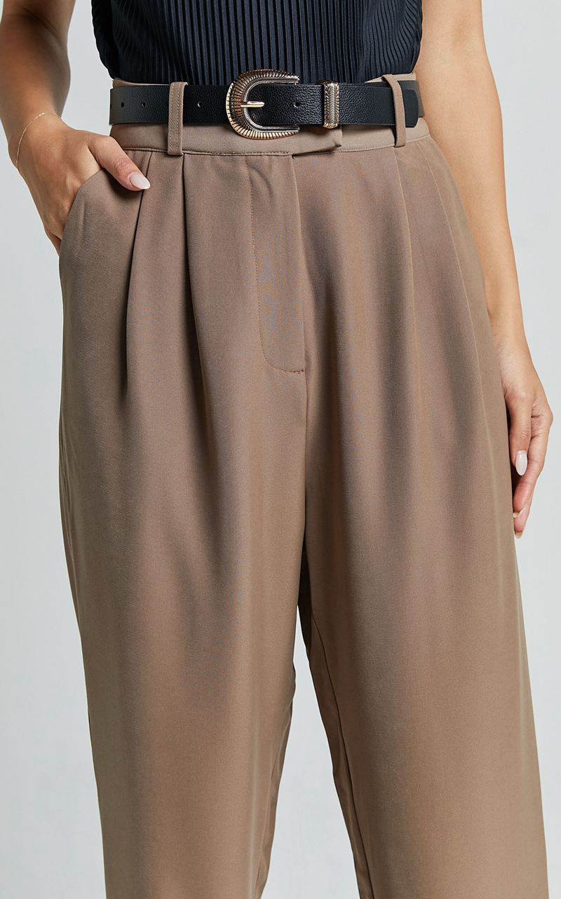 Showpo Delailah Pants - Tailored High Waisted Pleat Front Tapered Leg Cappuccino | UDQFHZ180