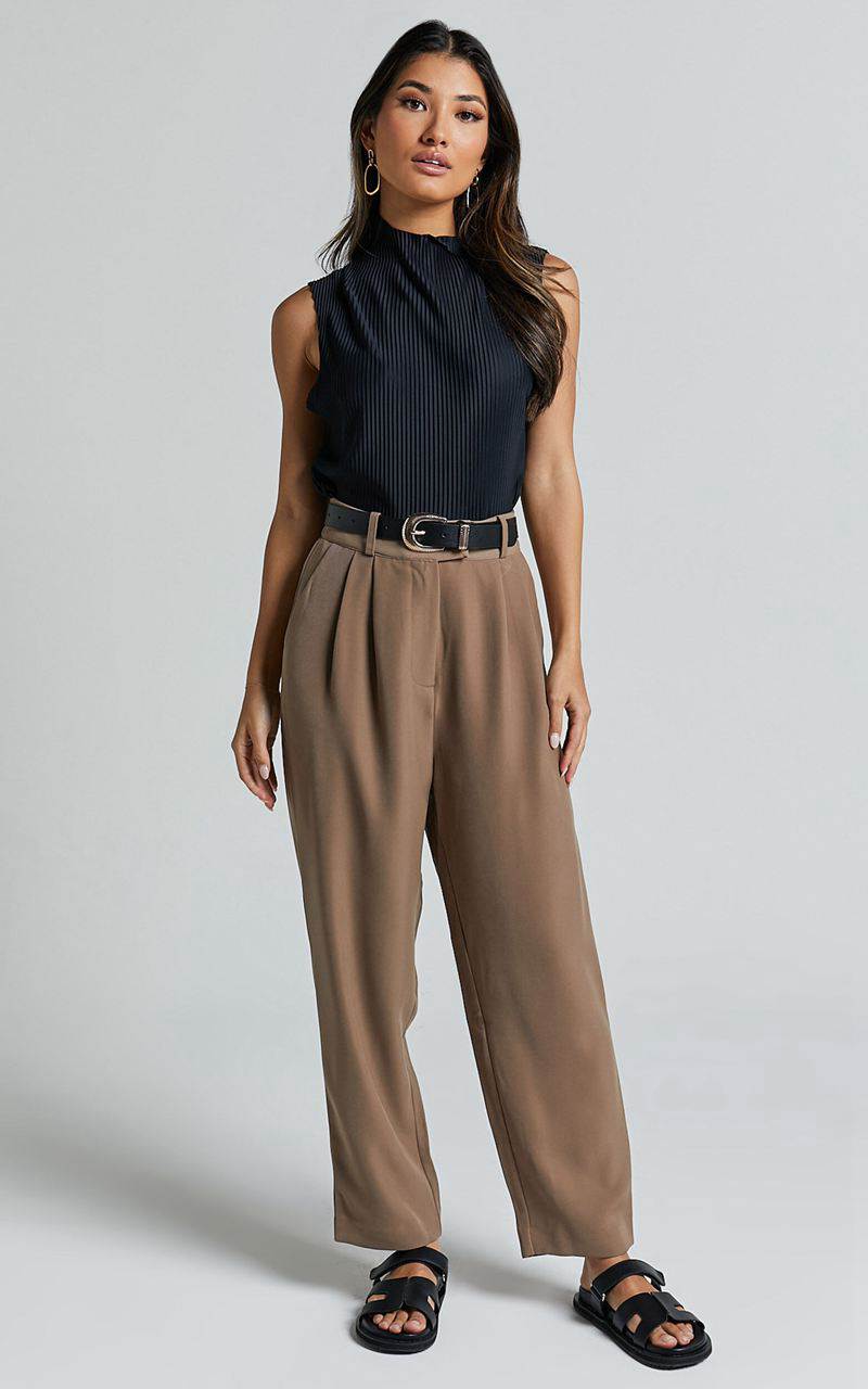 Showpo Delailah Pants - Tailored High Waisted Pleat Front Tapered Leg Cappuccino | UDQFHZ180