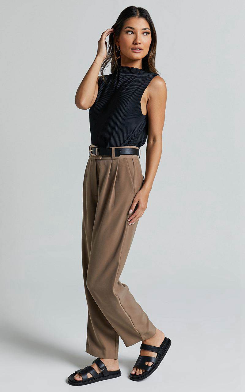 Showpo Delailah Pants - Tailored High Waisted Pleat Front Tapered Leg Cappuccino | UDQFHZ180