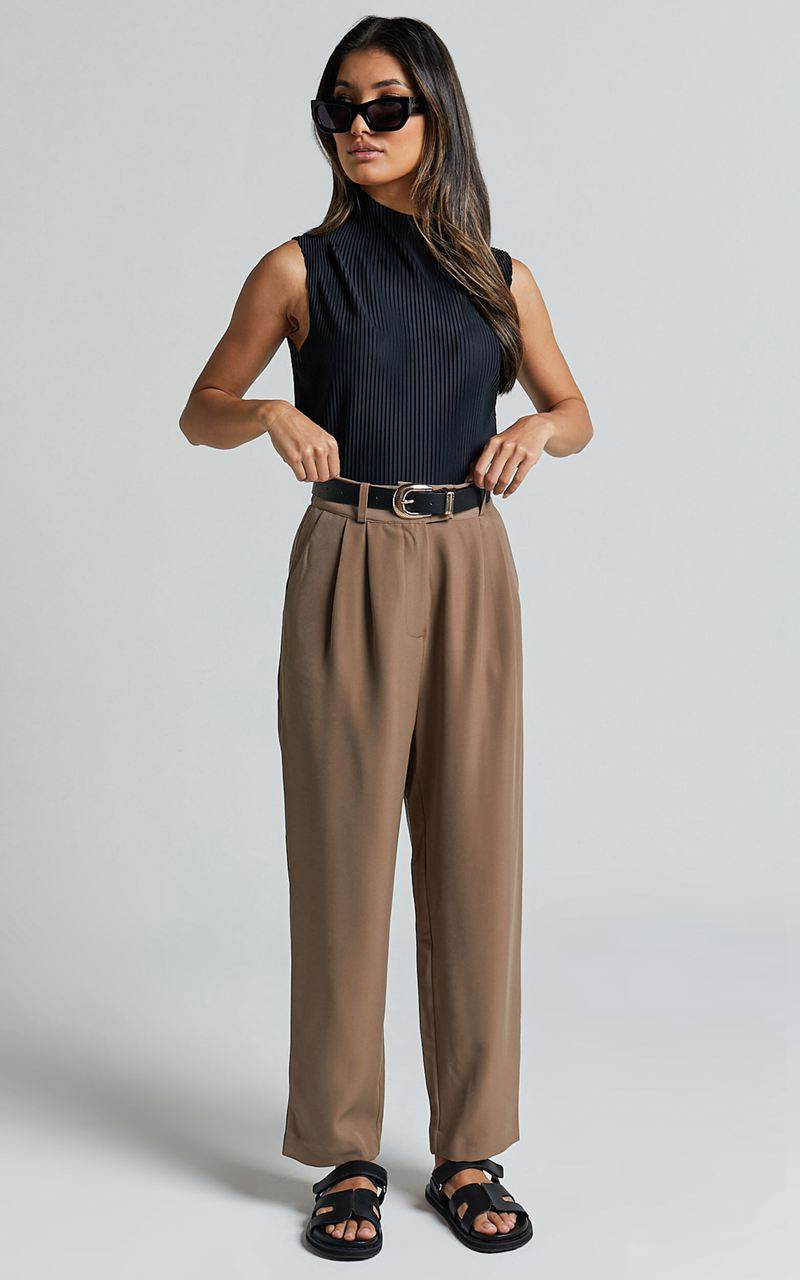 Showpo Delailah Pants - Tailored High Waisted Pleat Front Tapered Leg Cappuccino | UDQFHZ180