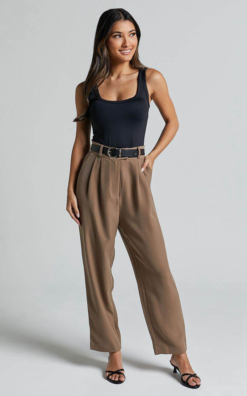 Showpo Delailah Pants - Tailored High Waisted Pleat Front Tapered Leg Cappuccino | UDQFHZ180