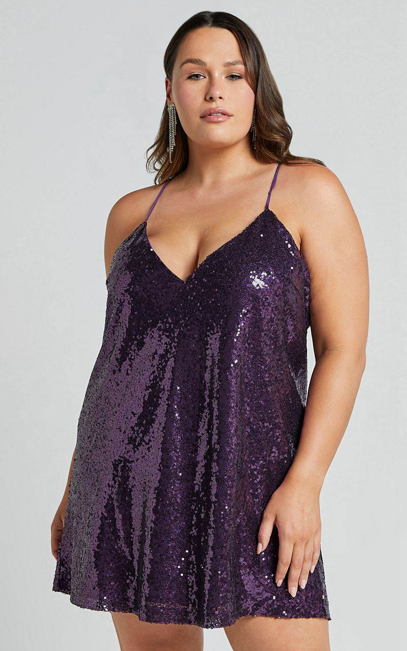 Showpo Delilaah Mini Dress - Strappy V Neck Slip Sequin Dress Purple Sequins | QDFGCV328