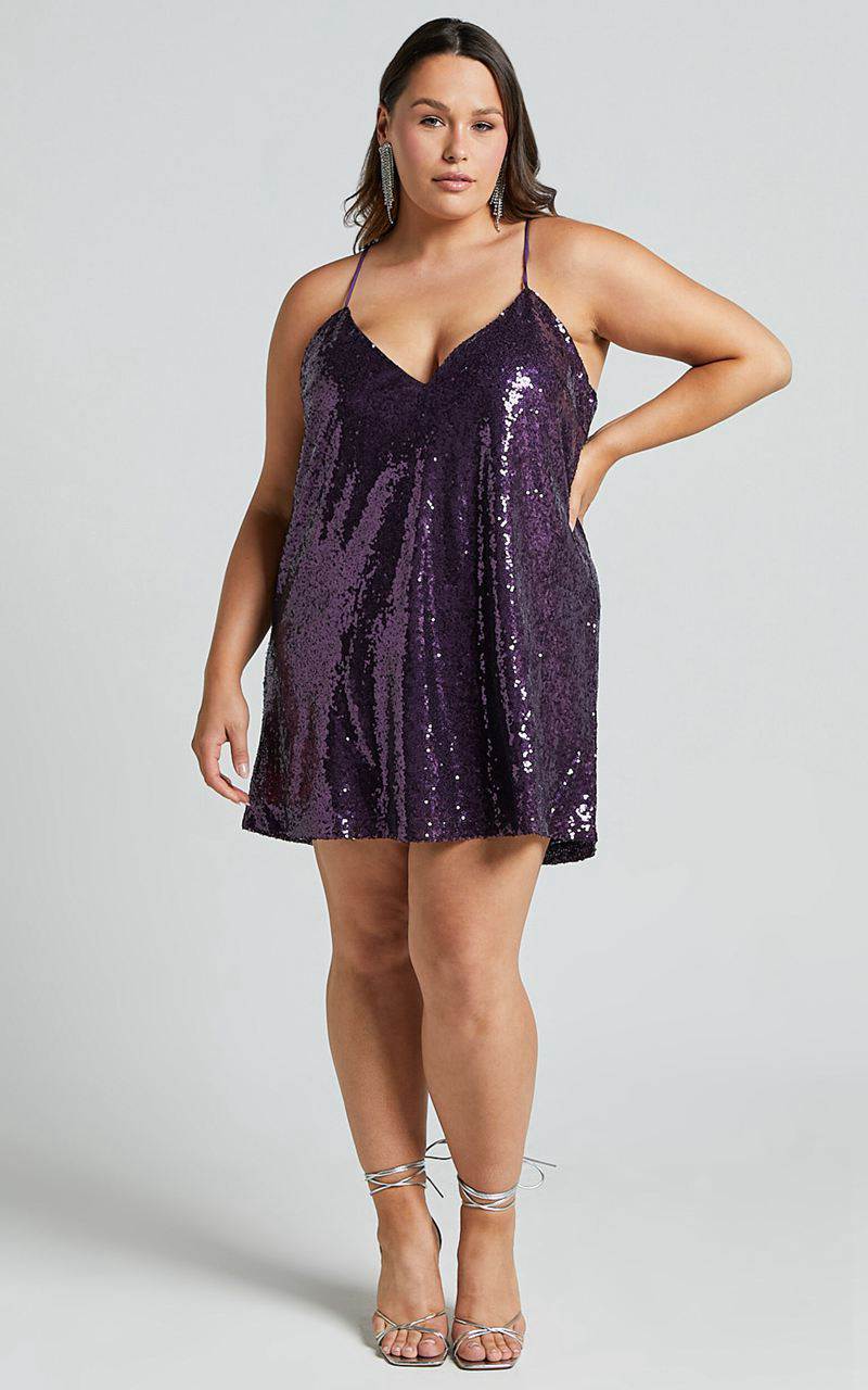 Showpo Delilaah Mini Dress - Strappy V Neck Slip Sequin Dress Purple Sequins | QDFGCV328