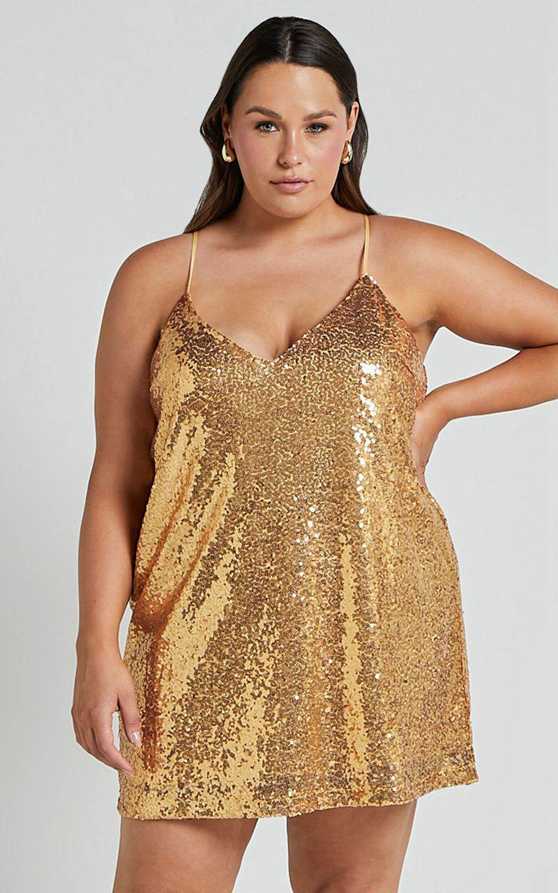 Showpo Delilaah Mini Dress - Strappy V Neck Slip Sequin Dress Gold Sequins | VKLMNZ456