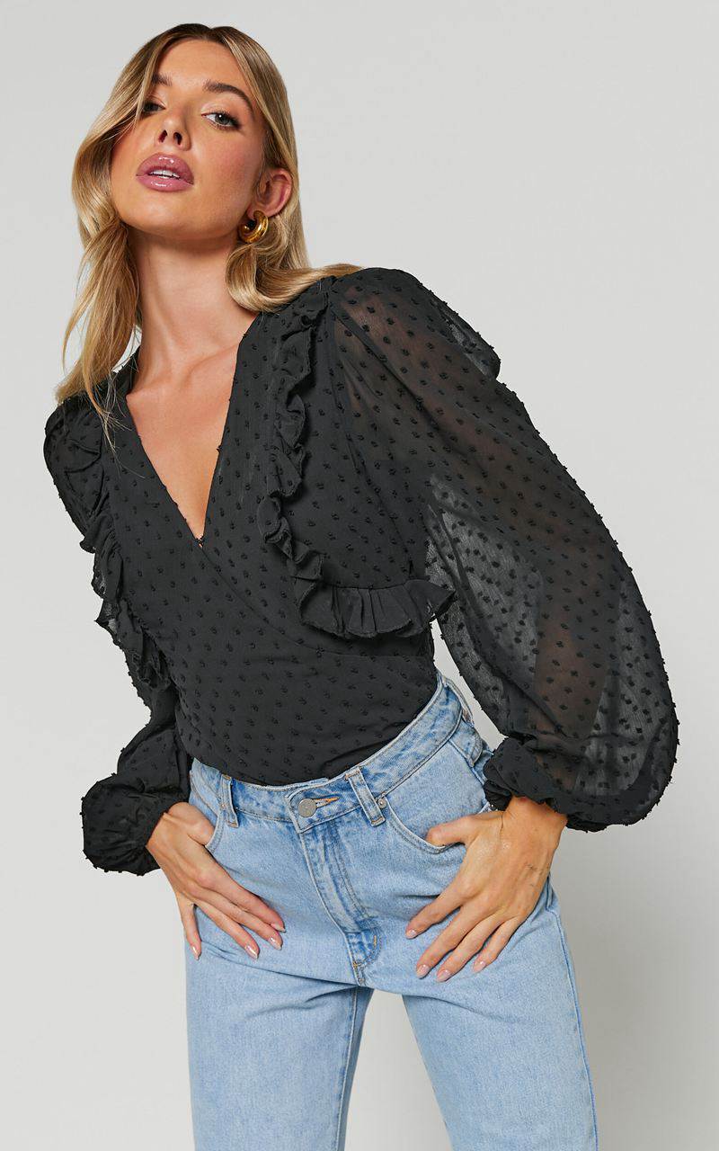 Showpo Delilah Bodysuit - V Neck Long Blouson Sleeve Bodysuit Black | DOYTLZ045