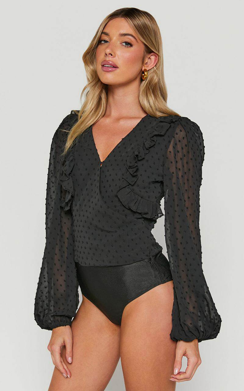 Showpo Delilah Bodysuit - V Neck Long Blouson Sleeve Bodysuit Black | DOYTLZ045