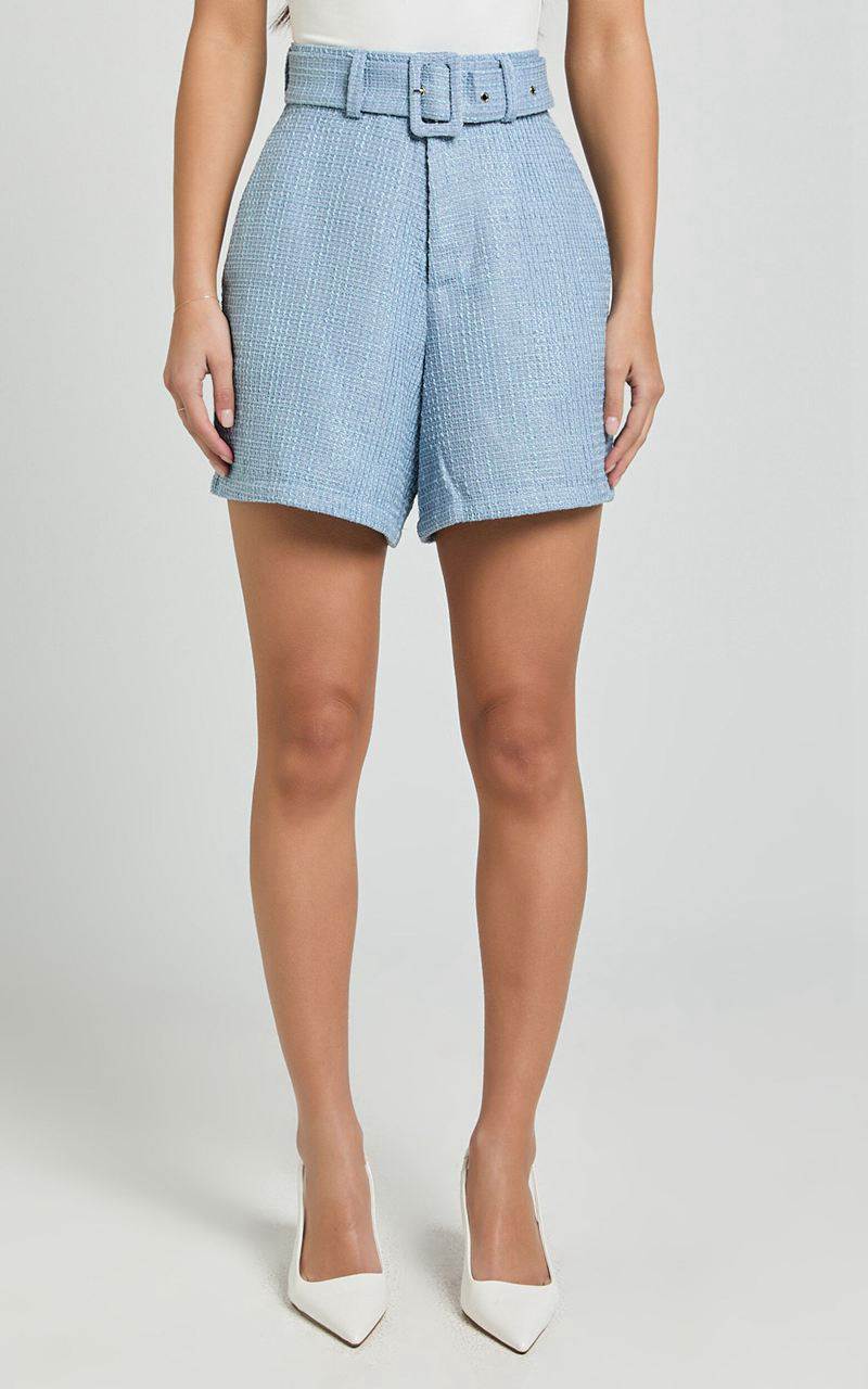 Showpo Delilah Shorts - High Waist Belted A Line Tweed Shorts Blue | AEIVUX104