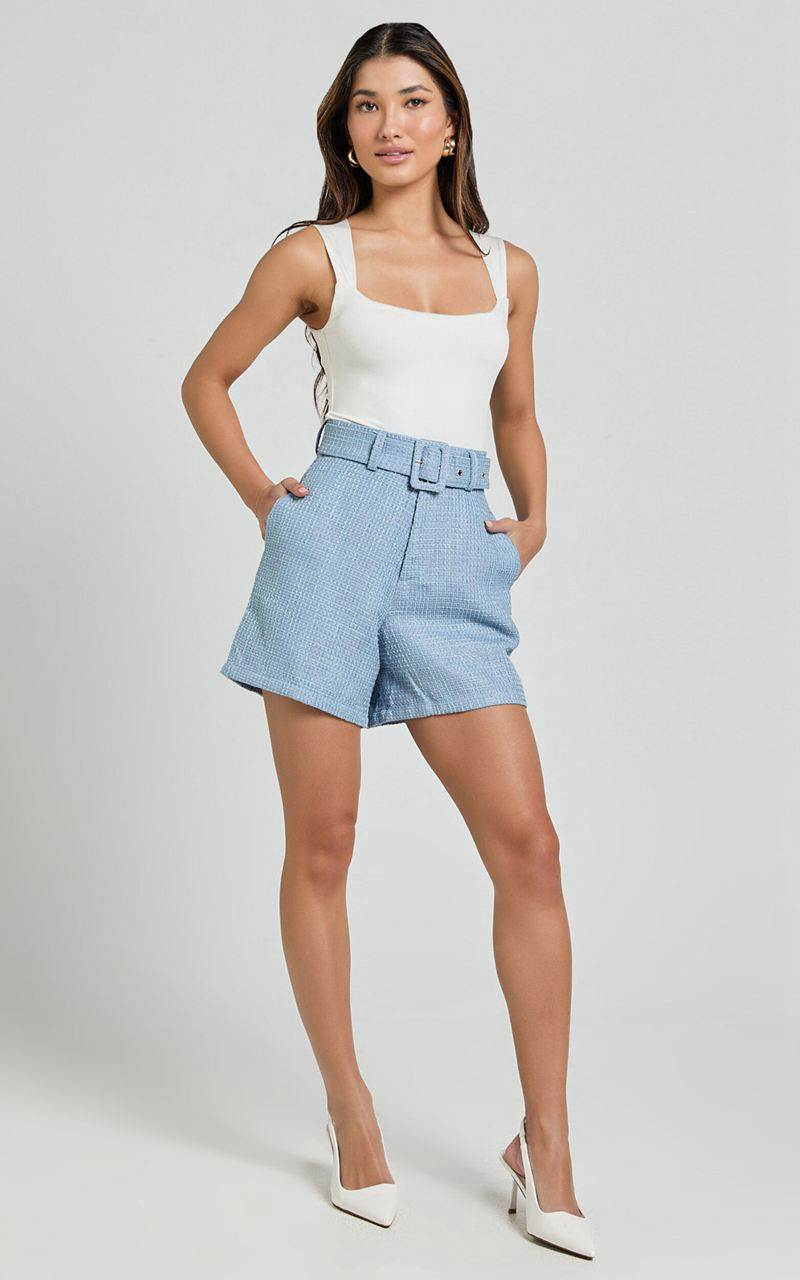 Showpo Delilah Shorts - High Waist Belted A Line Tweed Shorts Blue | AEIVUX104