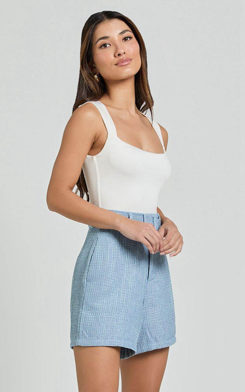 Showpo Delilah Shorts - High Waist Belted A Line Tweed Shorts Blue | AEIVUX104