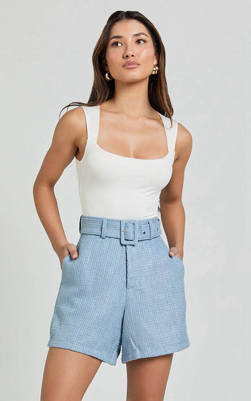 Showpo Delilah Shorts - High Waist Belted A Line Tweed Shorts Blue | AEIVUX104