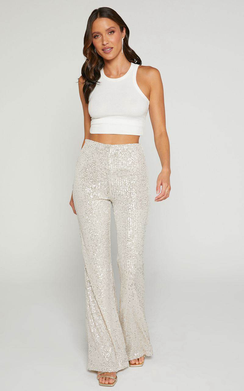 Showpo Deliza Pants - Mid Waisted Sequin Flare Pants Champagne | EWCUBA380