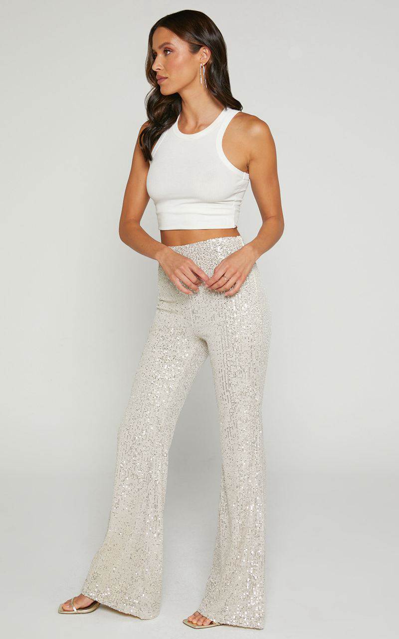 Showpo Deliza Pants - Mid Waisted Sequin Flare Pants Champagne | EWCUBA380