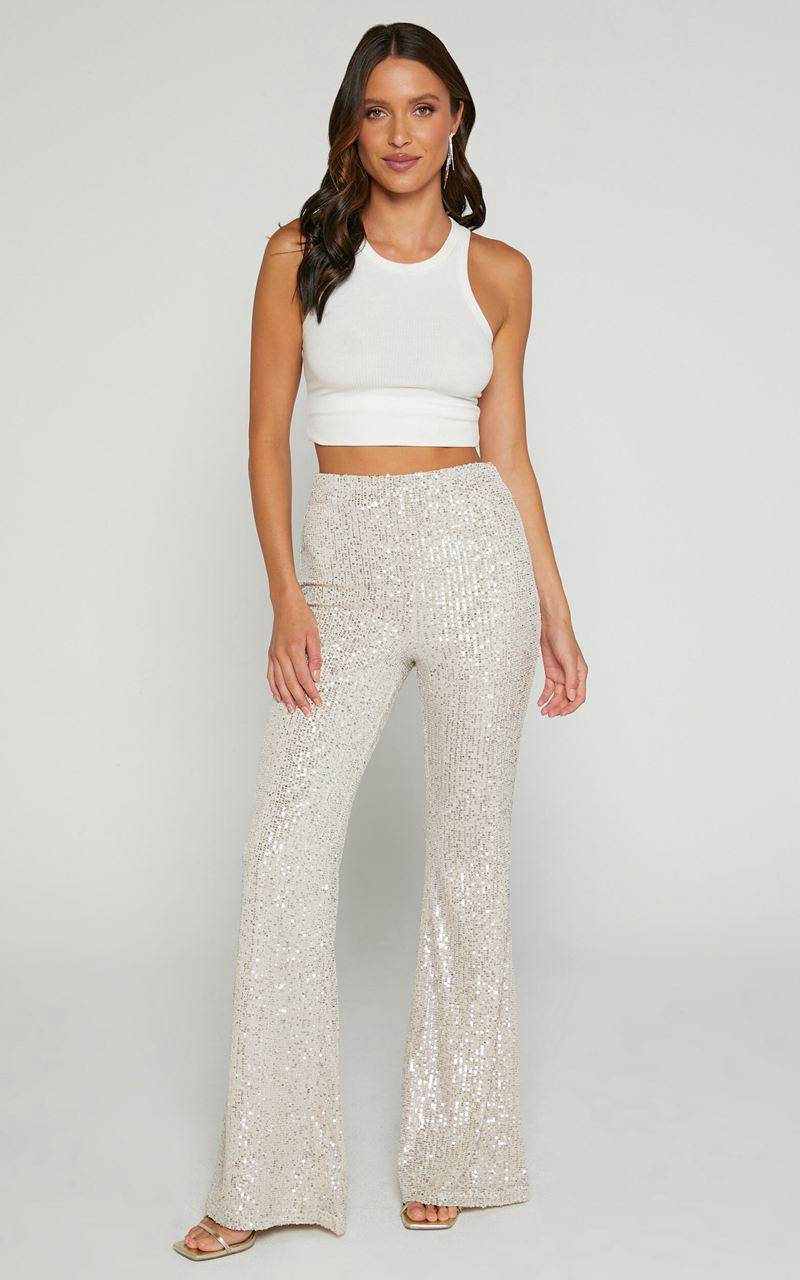 Showpo Deliza Pants - Mid Waisted Sequin Flare Pants Champagne | EWCUBA380