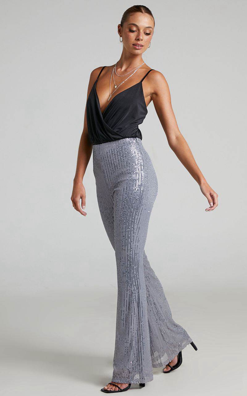 Showpo Deliza Pants - Mid Waisted Sequin Flare Pants Silver | ROTIEX145