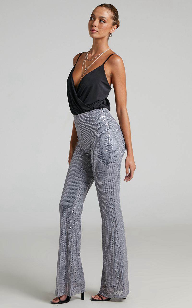 Showpo Deliza Pants - Mid Waisted Sequin Flare Pants Silver | ROTIEX145