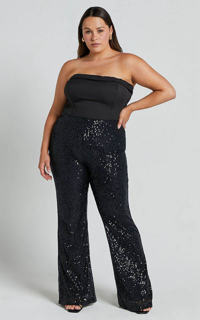 Showpo Deliza Pants - Mid Waisted Sequin Flare Pants Black | PGFHOC128