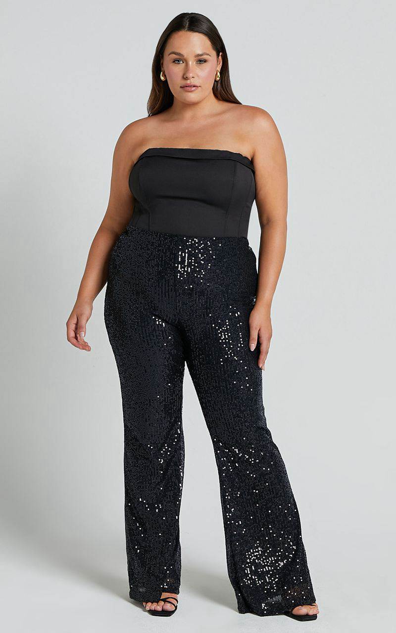 Showpo Deliza Pants - Mid Waisted Sequin Flare Pants Black | PGFHOC128