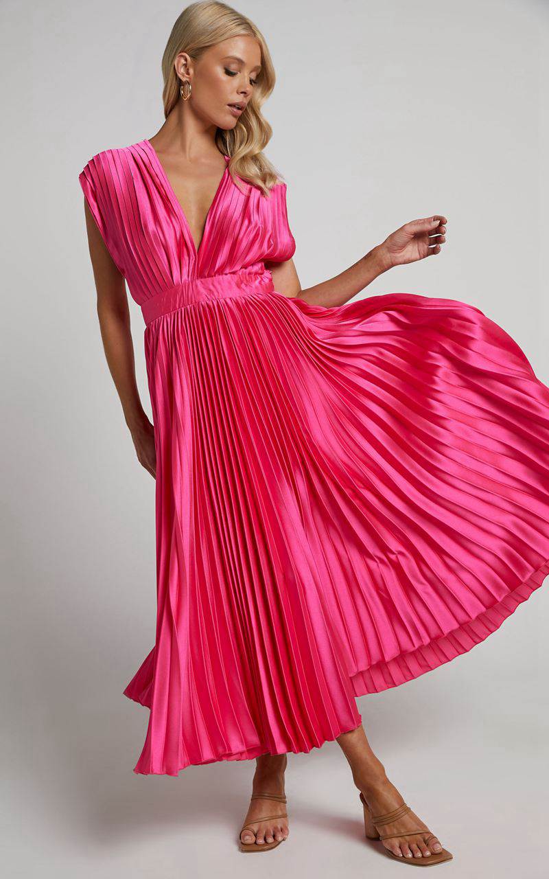 Showpo Della Midi Dress - Plunge Neck Short Sleeve Pleated Dress Hot Pink | WMRBGL035