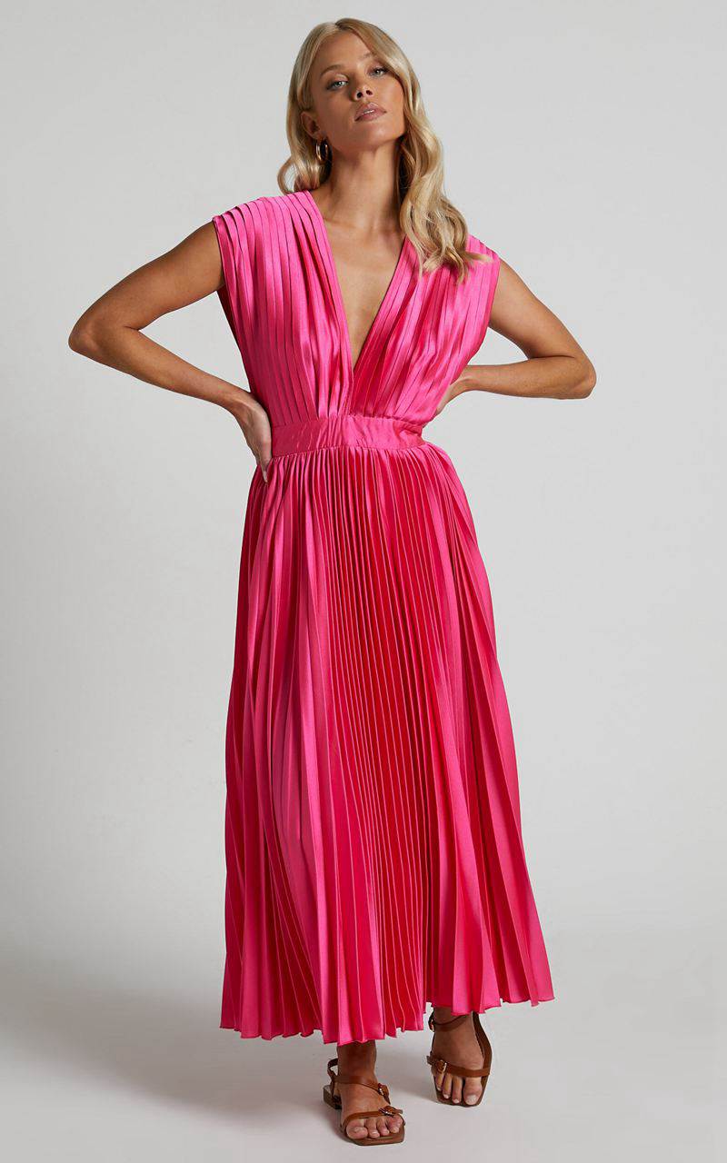 Showpo Della Midi Dress - Plunge Neck Short Sleeve Pleated Dress Hot Pink | WMRBGL035