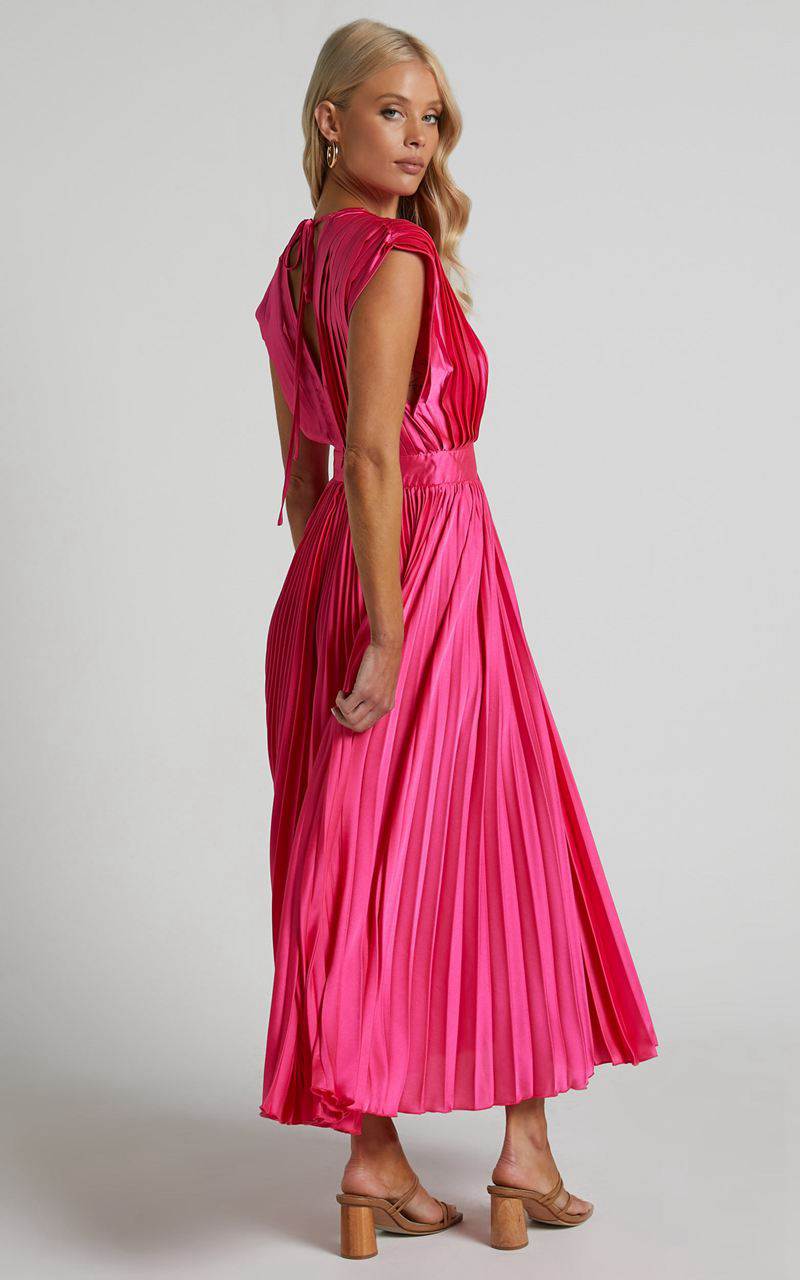 Showpo Della Midi Dress - Plunge Neck Short Sleeve Pleated Dress Hot Pink | WMRBGL035