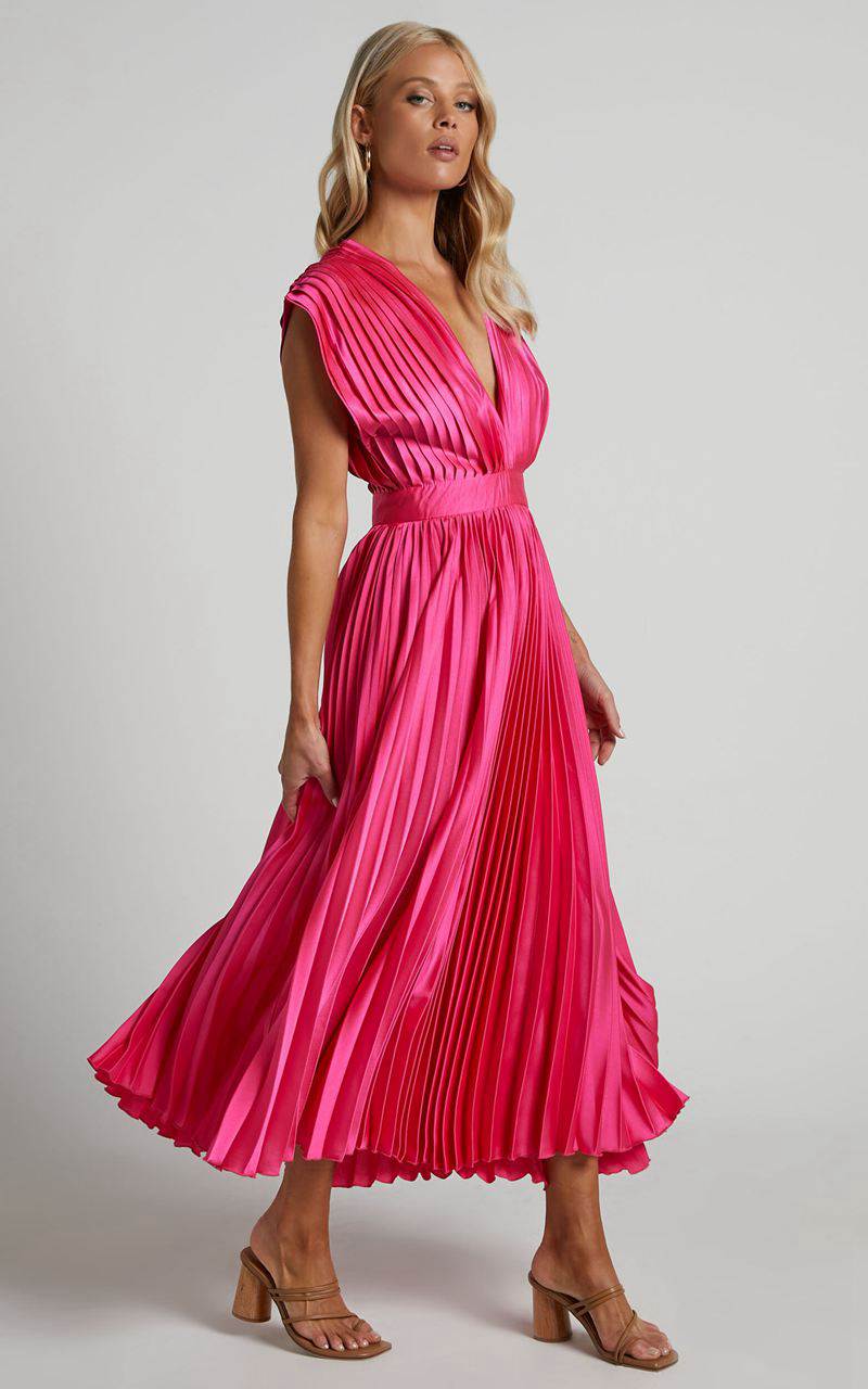 Showpo Della Midi Dress - Plunge Neck Short Sleeve Pleated Dress Hot Pink | WMRBGL035