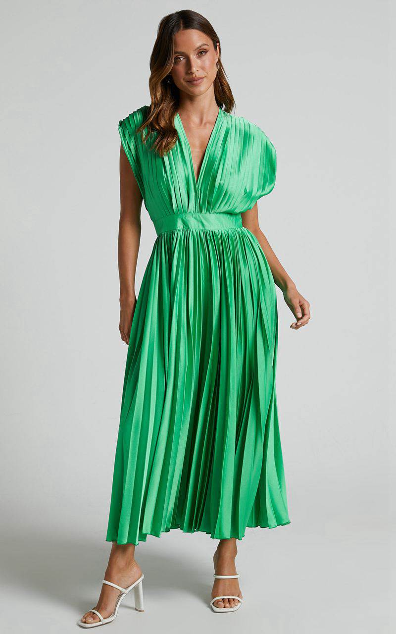 Showpo Della Midi Dress - Plunge Neck Short Sleeve Pleated Dress Green | ARCVOF082