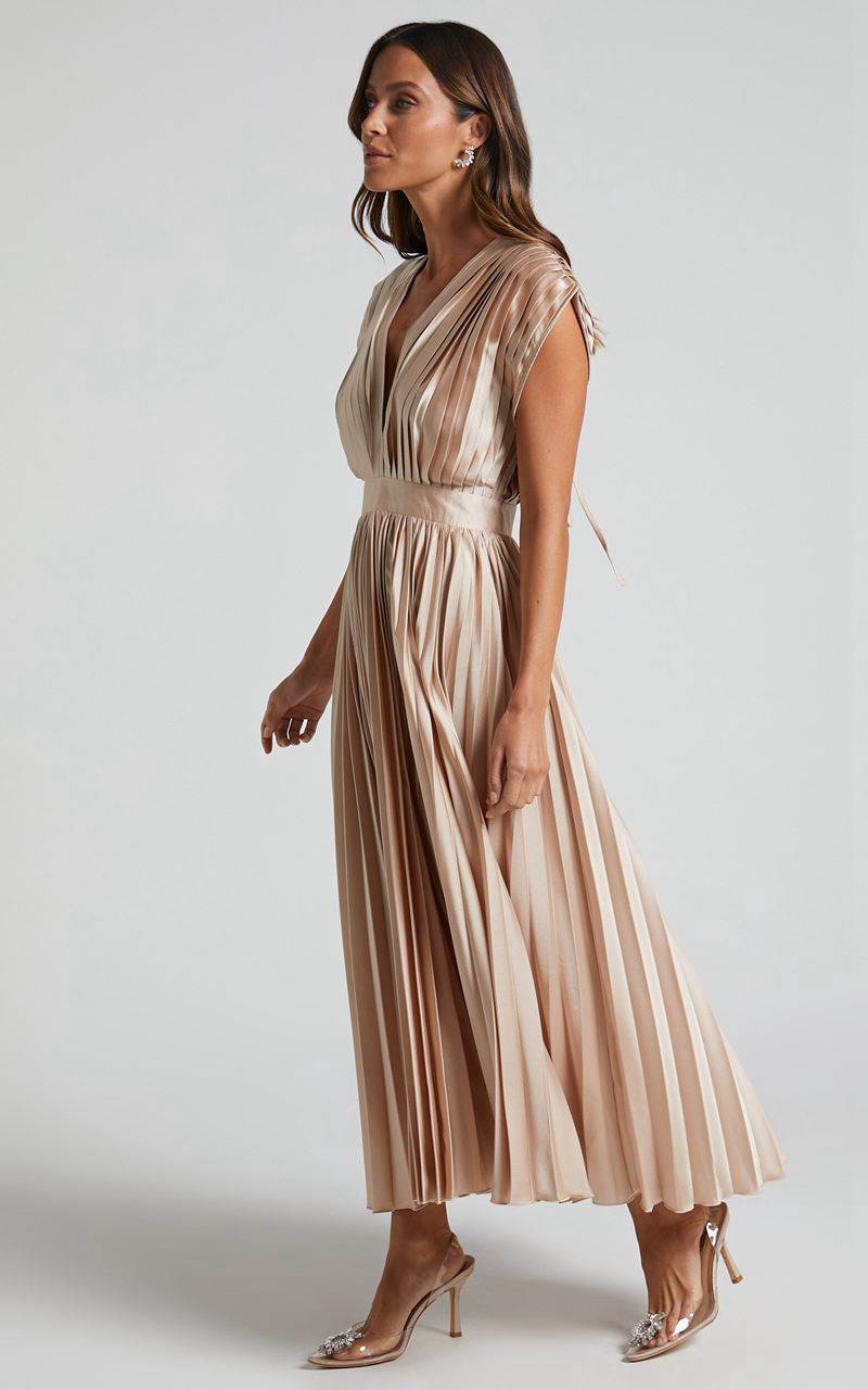 Showpo Della Midi Dress - Plunge Neck Short Sleeve Pleated Dress Champagne | TOCHDI679