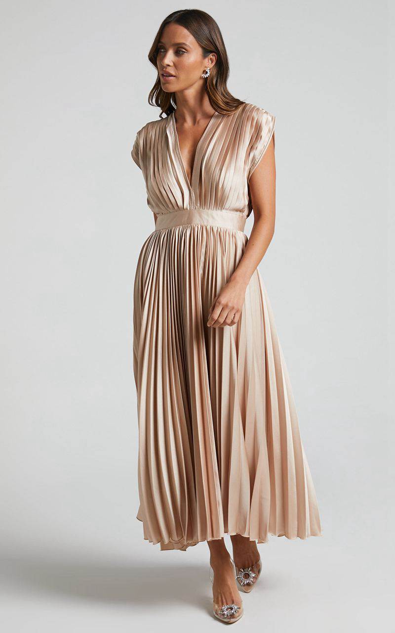 Showpo Della Midi Dress - Plunge Neck Short Sleeve Pleated Dress Champagne | TOCHDI679