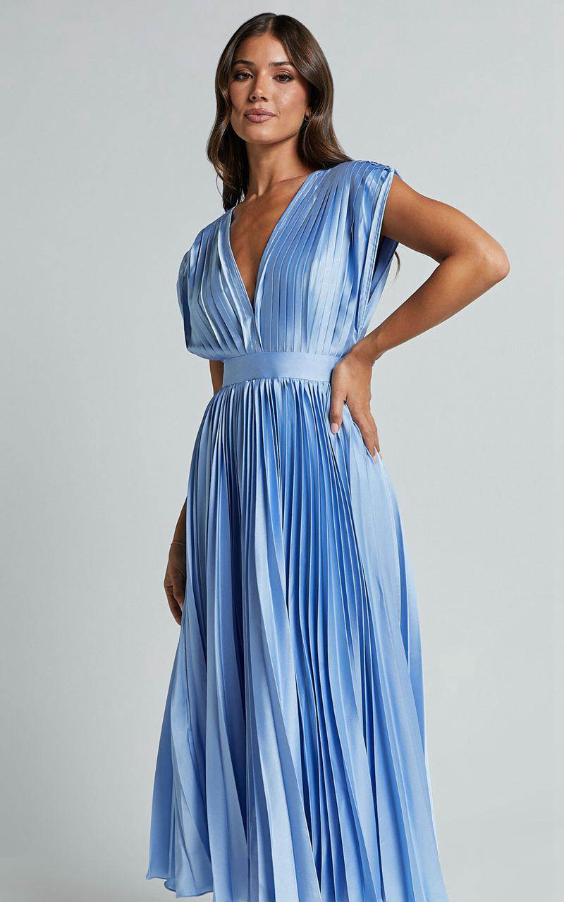 Showpo Della Midi Dress - Plunge Neck Short Sleeve Pleated Dress Baby Blue | AOQEVG253