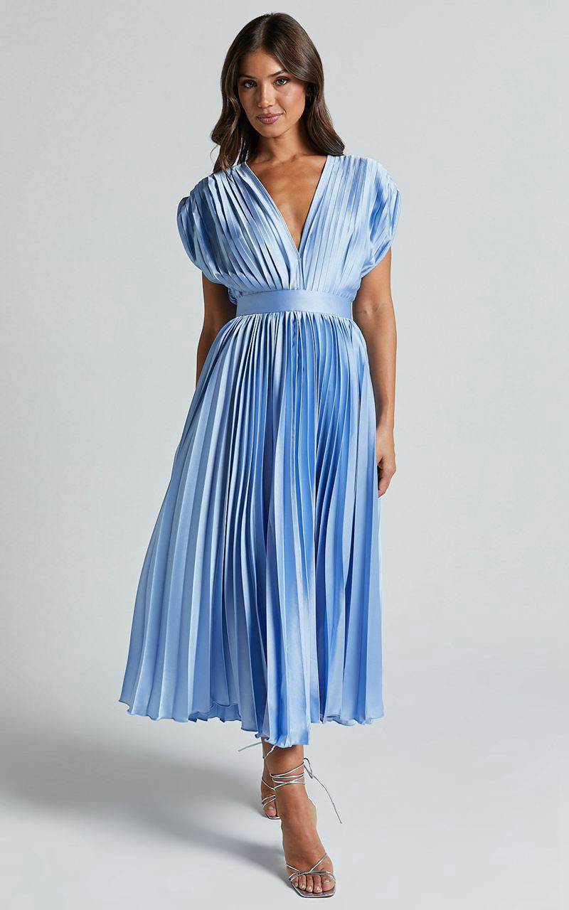 Showpo Della Midi Dress - Plunge Neck Short Sleeve Pleated Dress Baby Blue | AOQEVG253