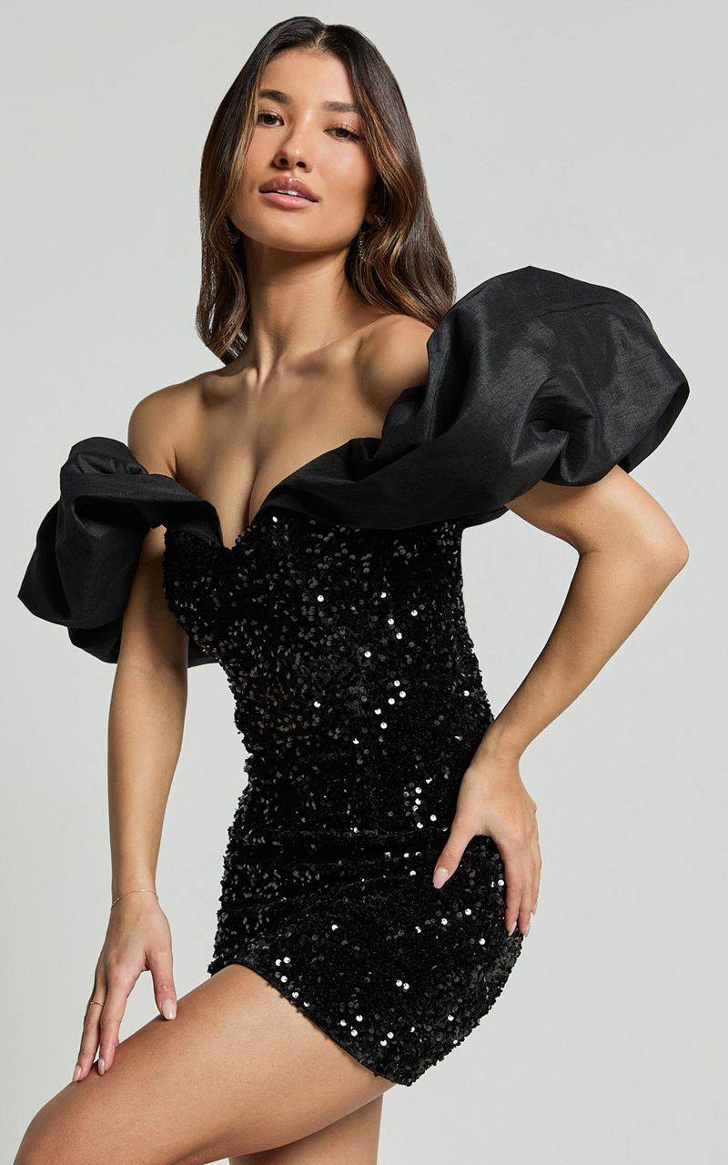 Showpo Delphine Mini Dress - Off Shoulder Sequin Bodycon Dress Black | QARWMJ812