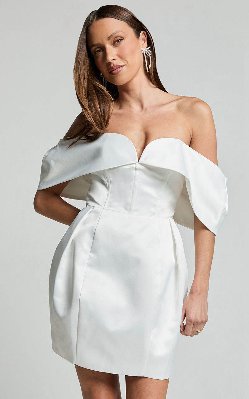 Showpo Demelza Mini Dress - V Bar Off Shoulder Satin Dress Ivory | ZRJIKU157