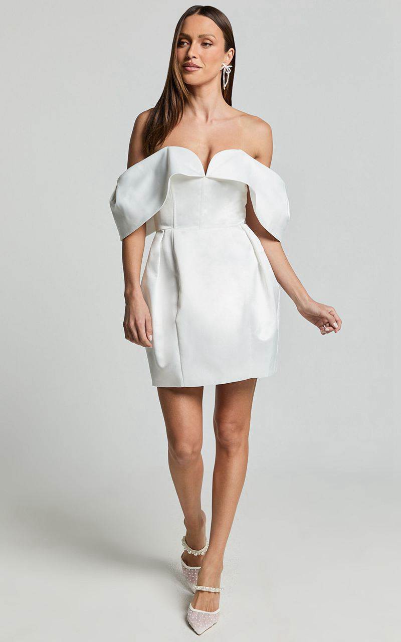 Showpo Demelza Mini Dress - V Bar Off Shoulder Satin Dress Ivory | ZRJIKU157