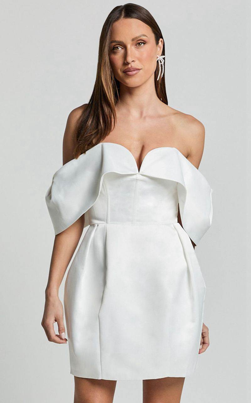 Showpo Demelza Mini Dress - V Bar Off Shoulder Satin Dress Ivory | ZRJIKU157