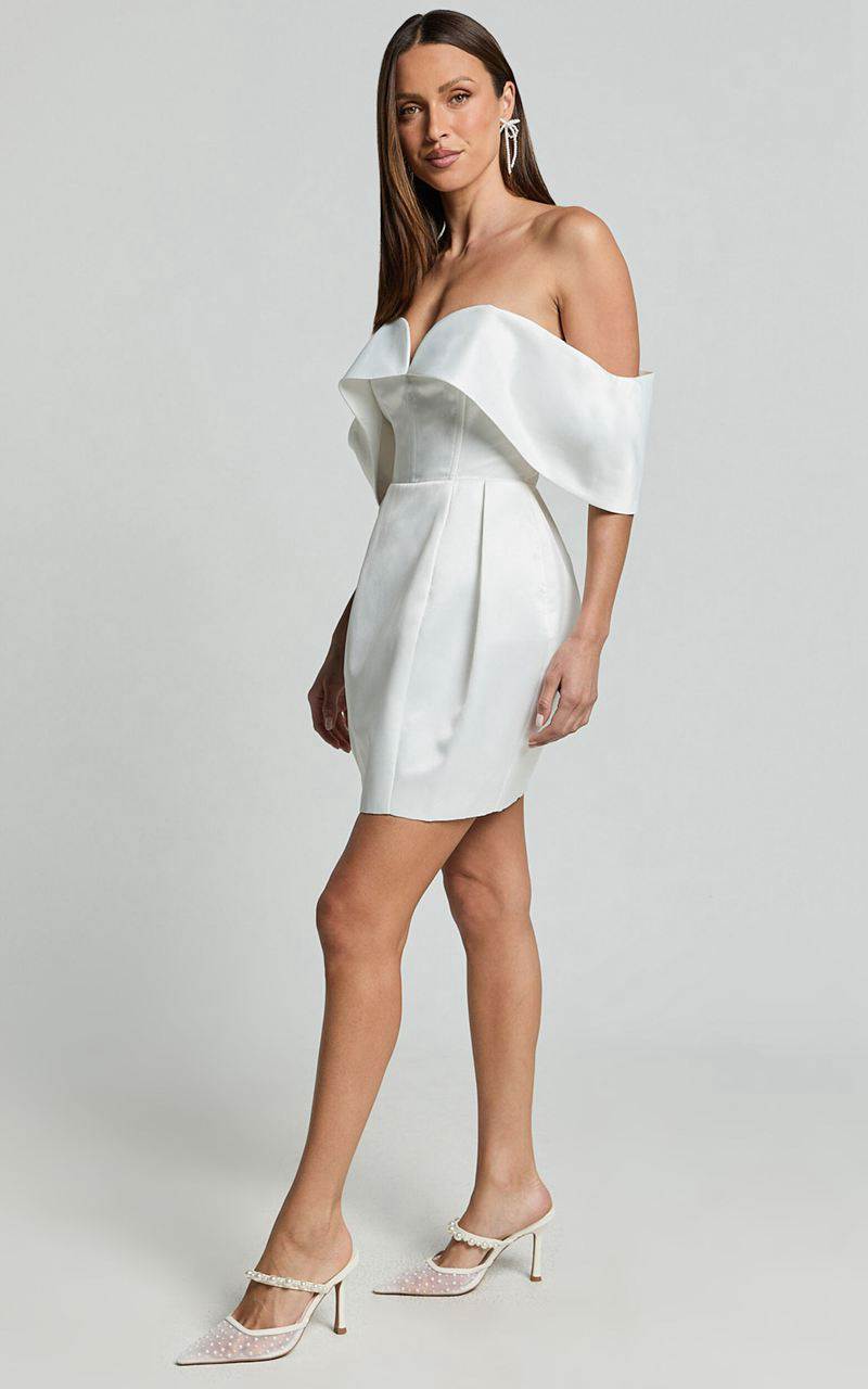 Showpo Demelza Mini Dress - V Bar Off Shoulder Satin Dress Ivory | ZRJIKU157