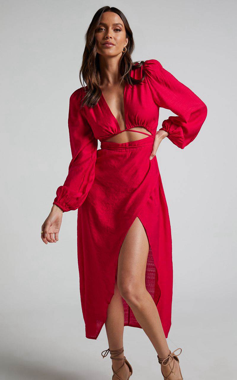 Showpo Demieh Midi Dress - Front Cut Out Long Sleeve Dress Red | ZABHNL719