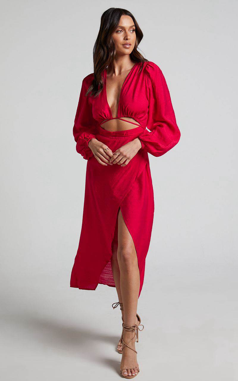 Showpo Demieh Midi Dress - Front Cut Out Long Sleeve Dress Red | ZABHNL719