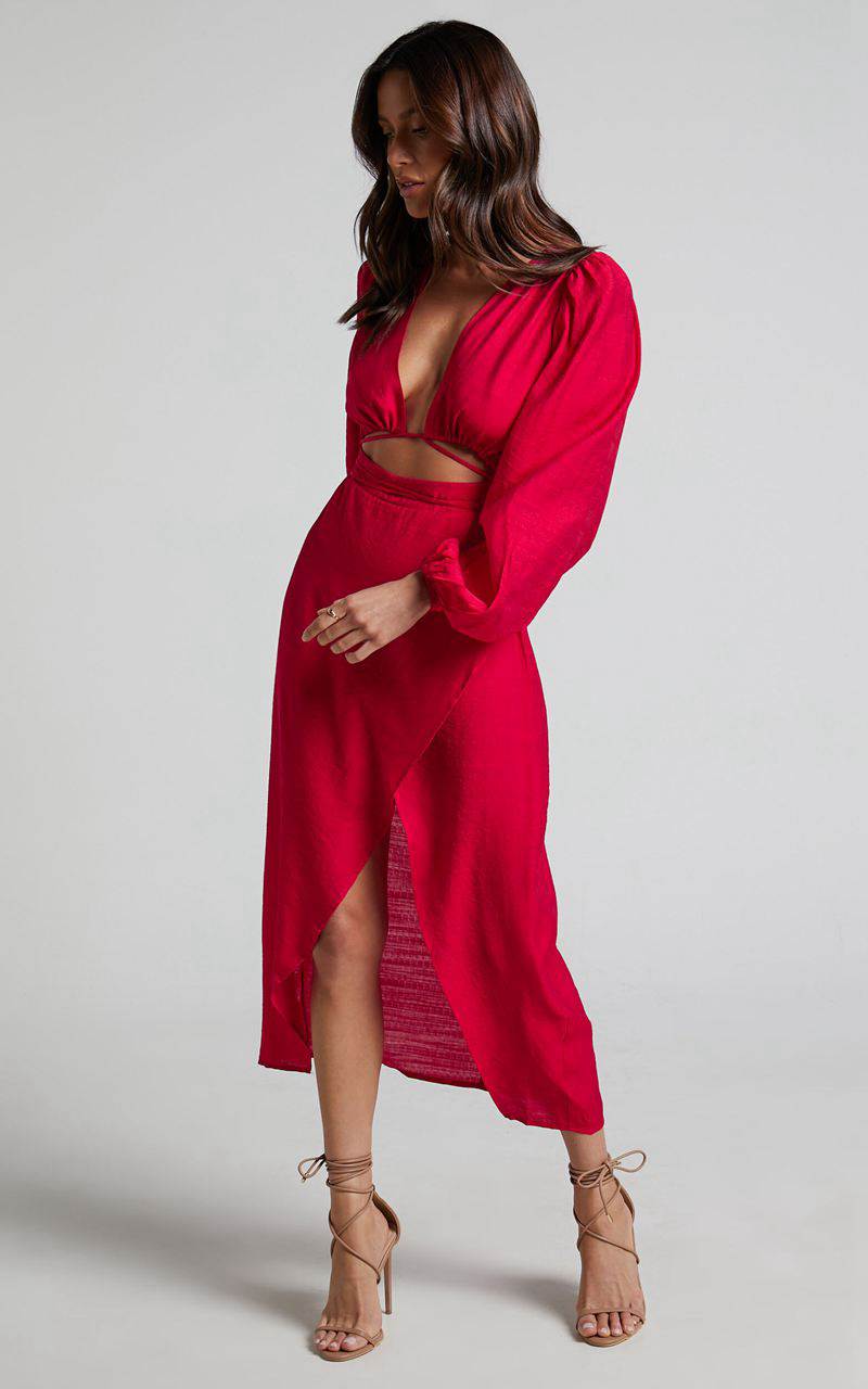 Showpo Demieh Midi Dress - Front Cut Out Long Sleeve Dress Red | ZABHNL719