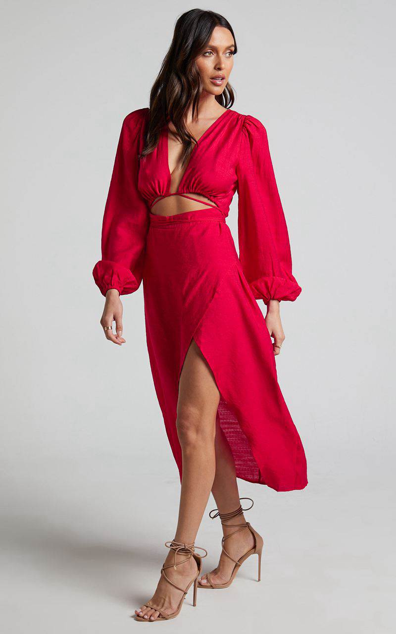 Showpo Demieh Midi Dress - Front Cut Out Long Sleeve Dress Red | ZABHNL719