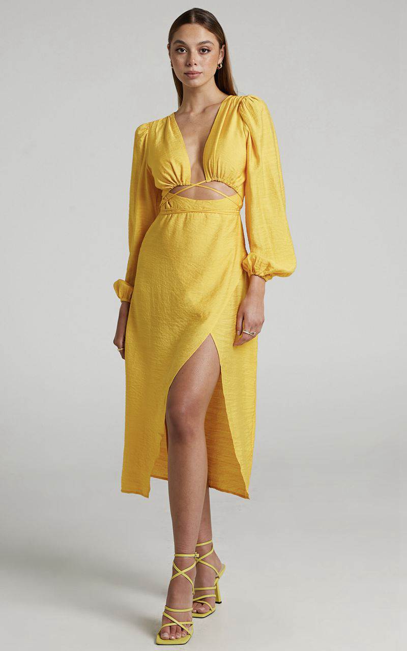 Showpo Demieh Midi Dress - Front Cut Out Long Sleeve Dress Bright Yellow | EHJSXB693