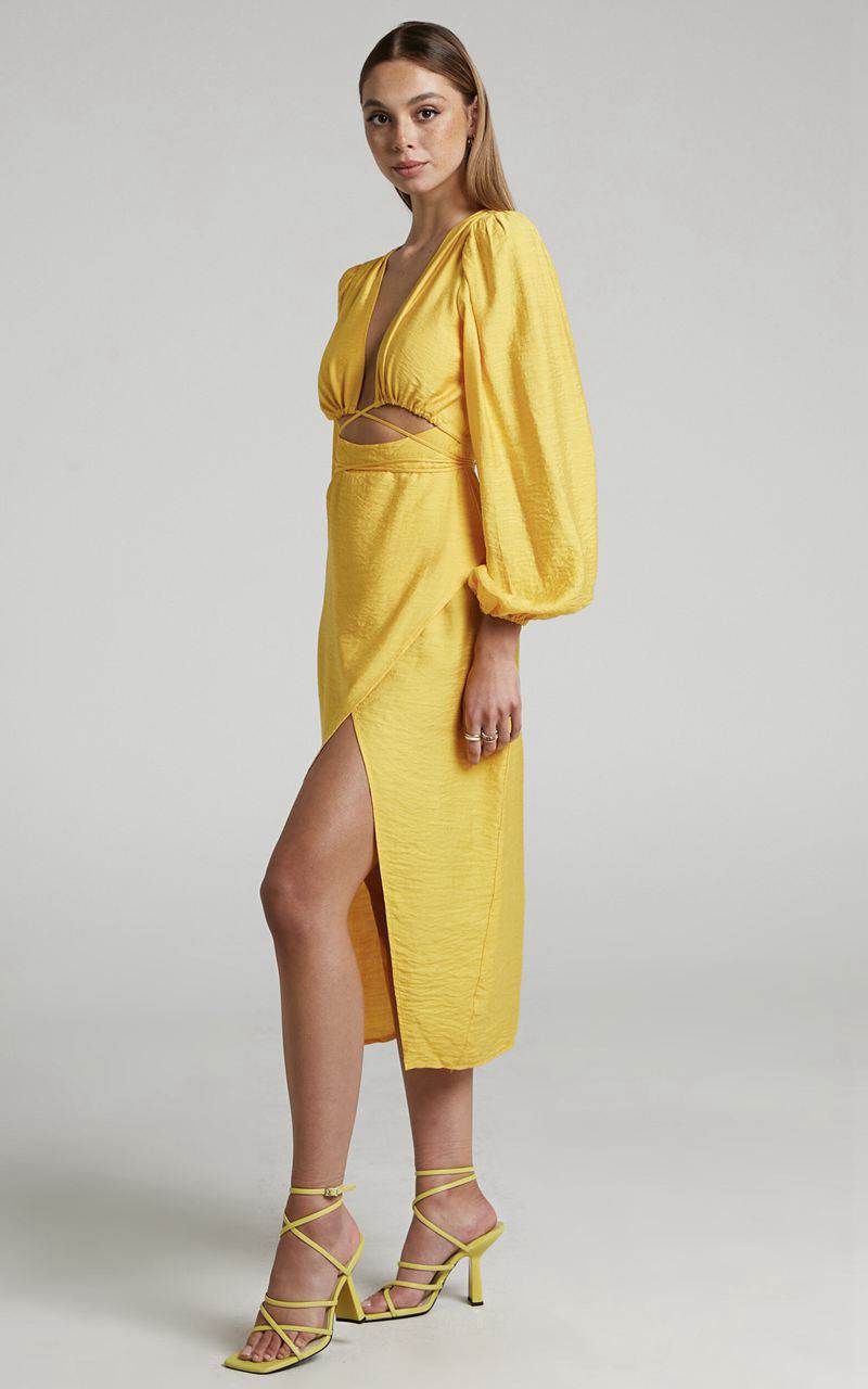 Showpo Demieh Midi Dress - Front Cut Out Long Sleeve Dress Bright Yellow | EHJSXB693