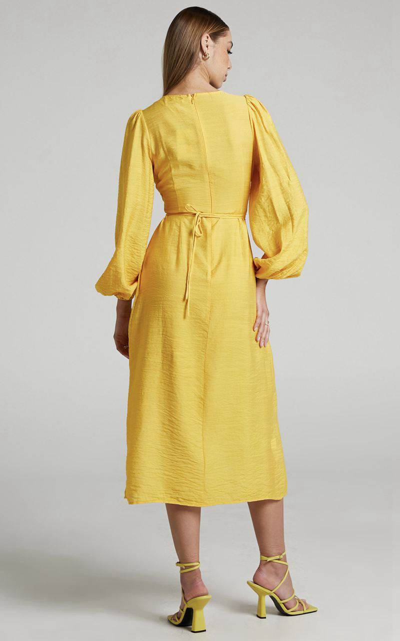 Showpo Demieh Midi Dress - Front Cut Out Long Sleeve Dress Bright Yellow | EHJSXB693