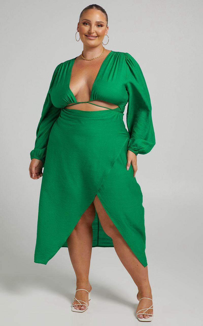 Showpo Demieh Midi Dress - Front Cut Out Long Sleeve Dress Green | SUMKGA145