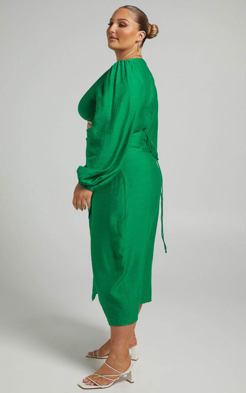 Showpo Demieh Midi Dress - Front Cut Out Long Sleeve Dress Green | SUMKGA145