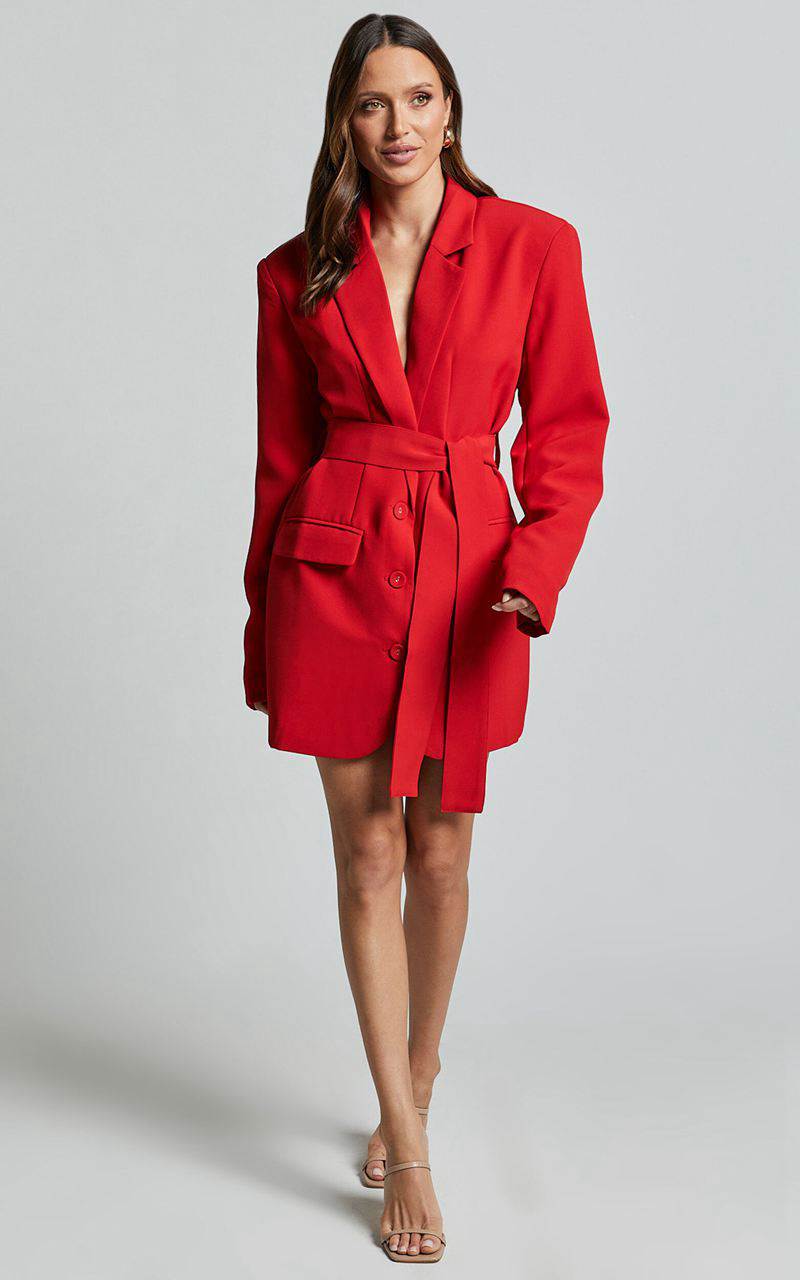 Showpo Denali Mini Dress - Tie Waist Blazer Dress Ruby Red | KFCOJV683