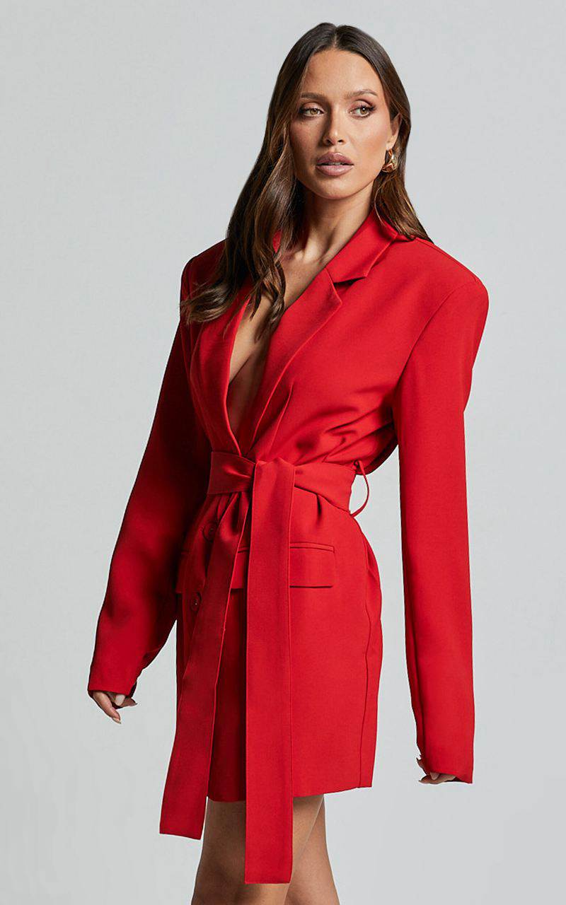 Showpo Denali Mini Dress - Tie Waist Blazer Dress Ruby Red | KFCOJV683