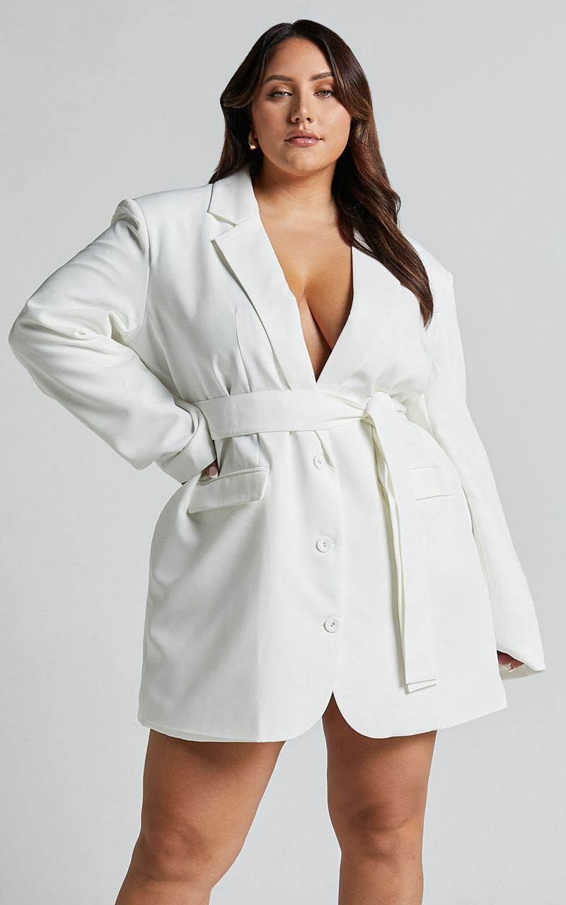 Showpo Denali Mini Dress - Tie Waist Blazer Dress White | BMHDQT976