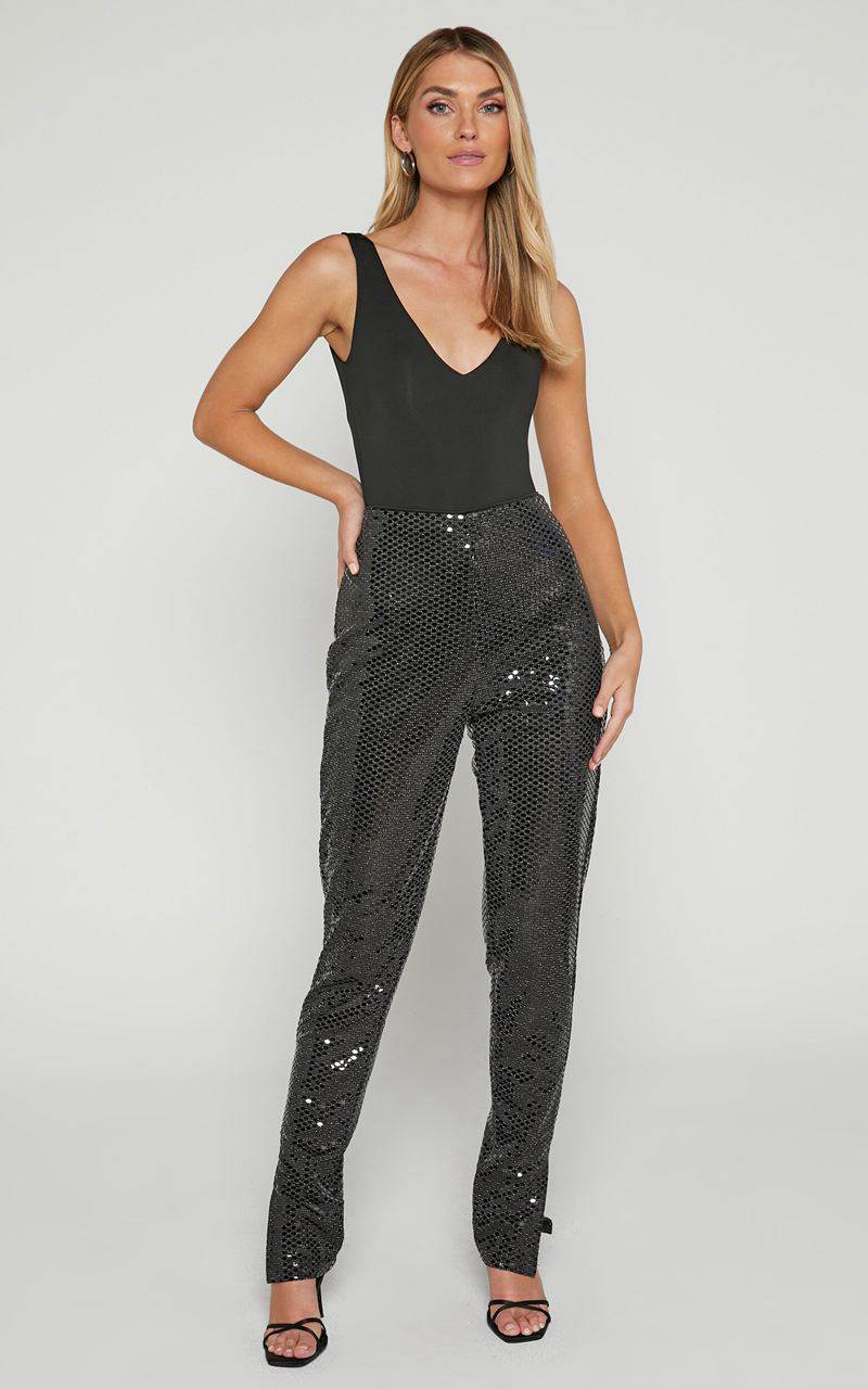 Showpo Deola Pant - Sequin High Waisted Skinny Leg Black | XETMQV857