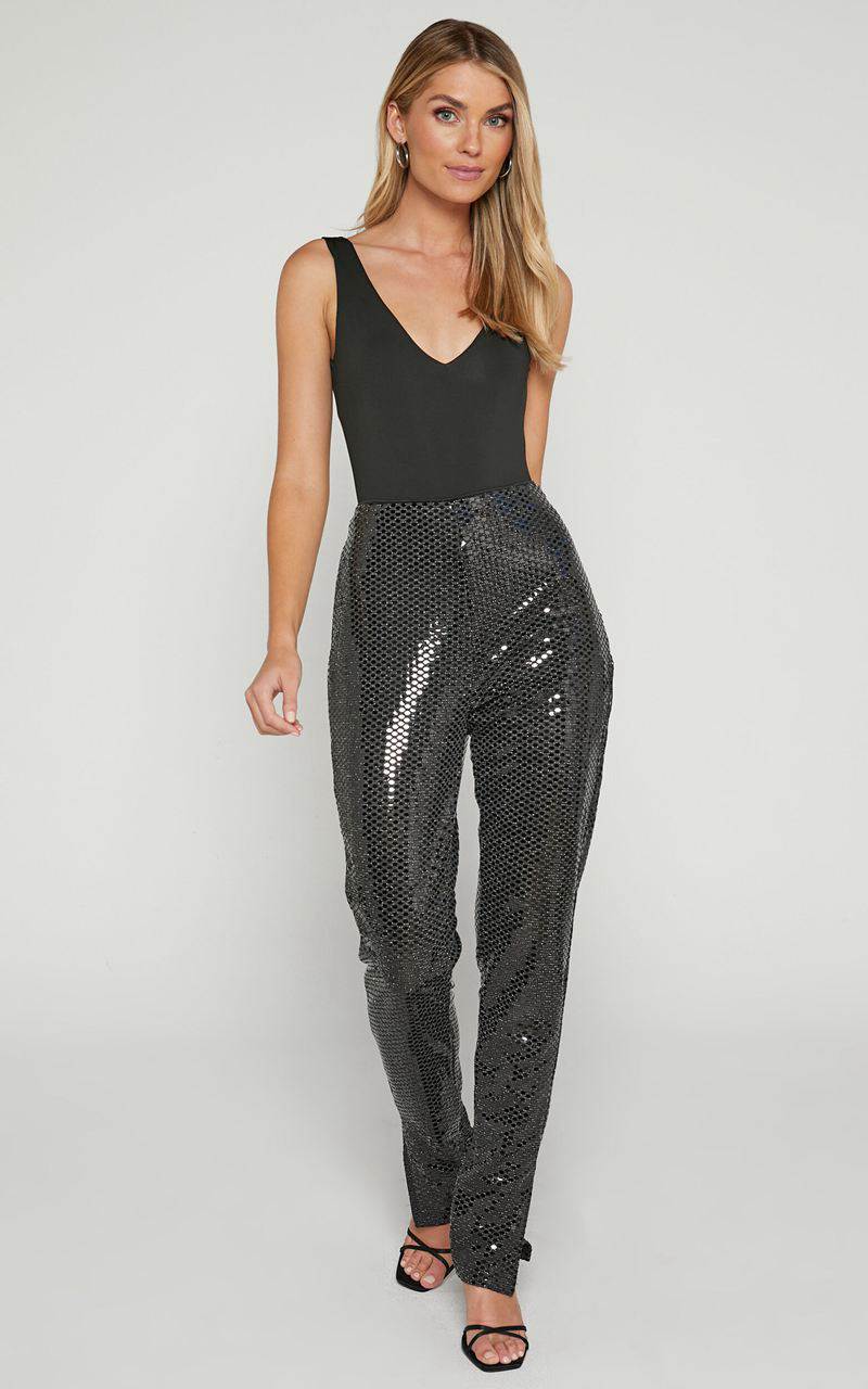 Showpo Deola Pant - Sequin High Waisted Skinny Leg Black | XETMQV857