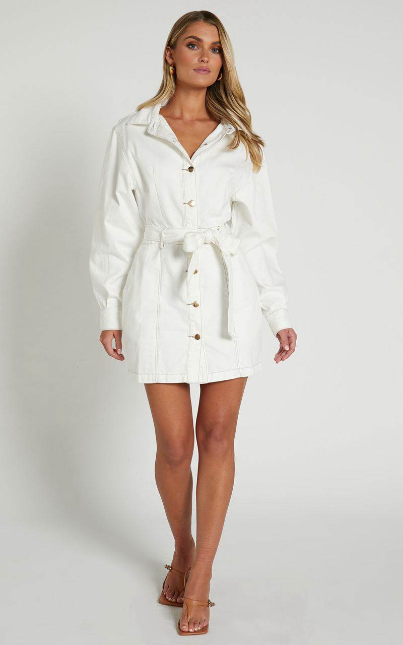 Showpo Desi Mini Dress - Long Sleeve Collared Button Through Denim Dress Off White | AWTMYF346